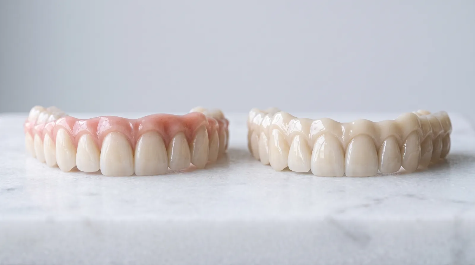 An acrylic full arch beside a zirconia full arch