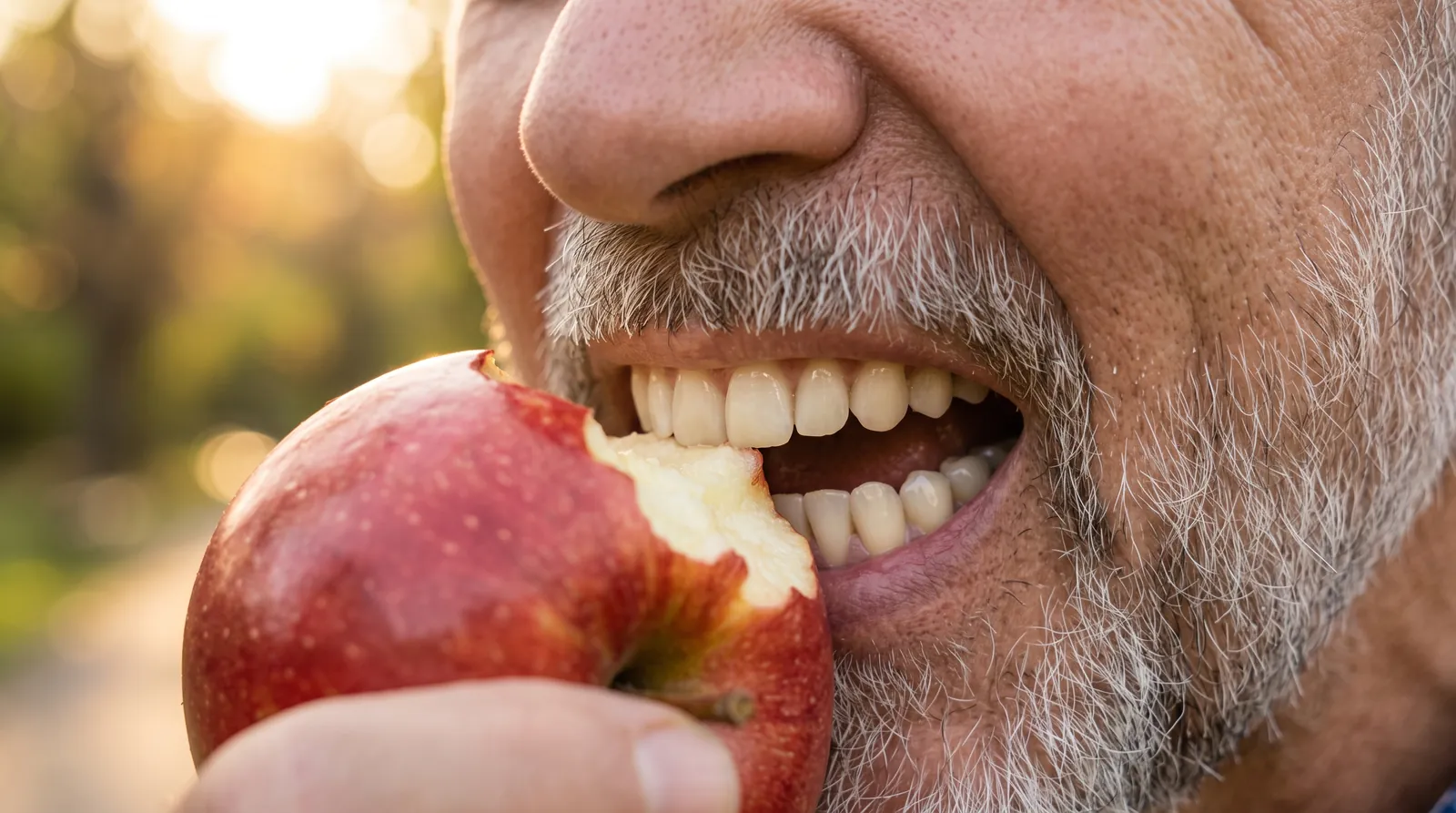Man biting into a crisp red apple