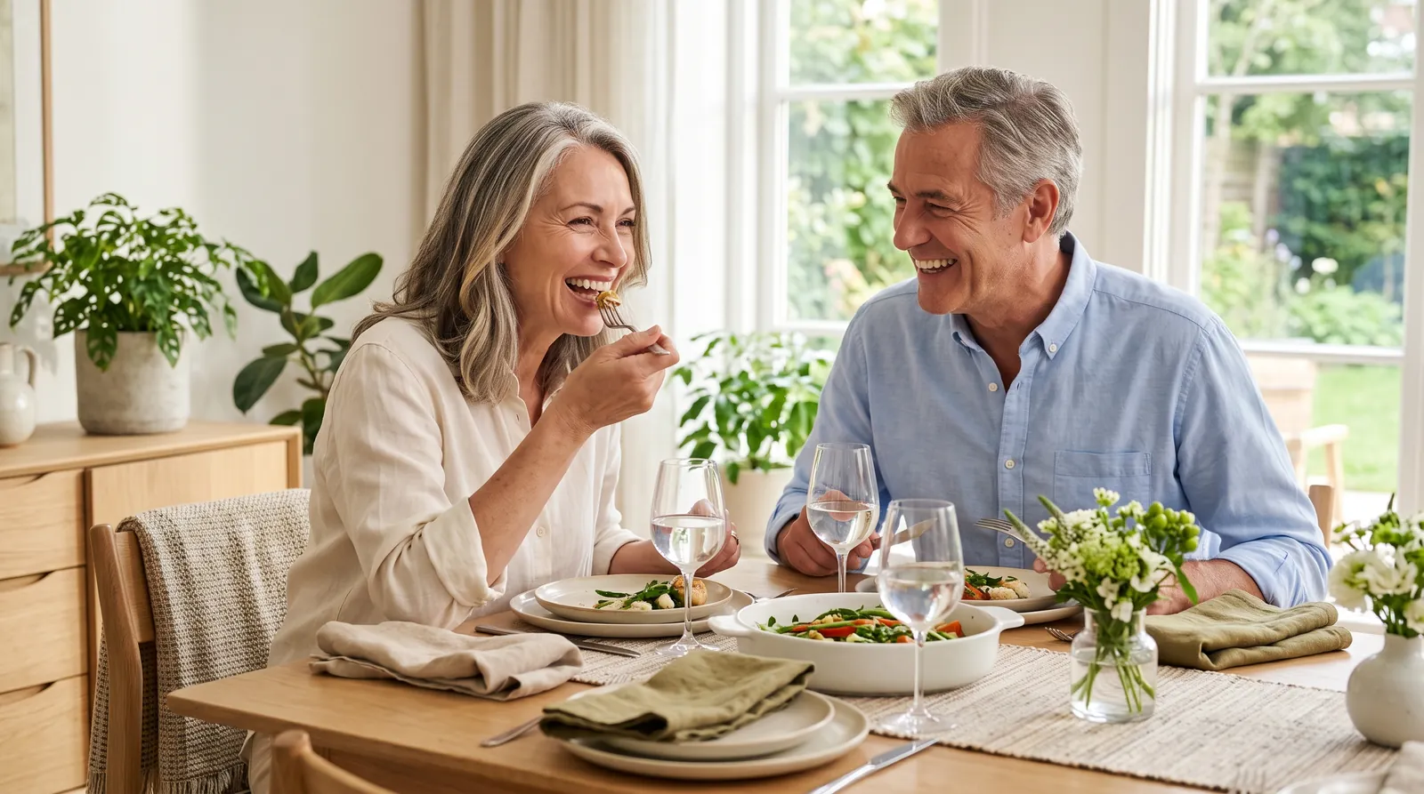 Couple laughing over dinner at home