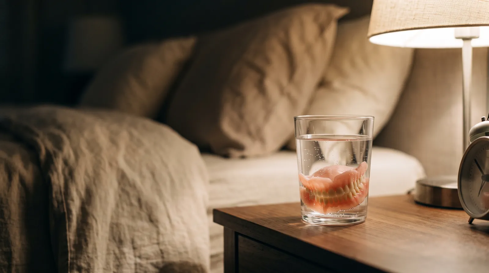 Denture soaking in a glass on a nightstand