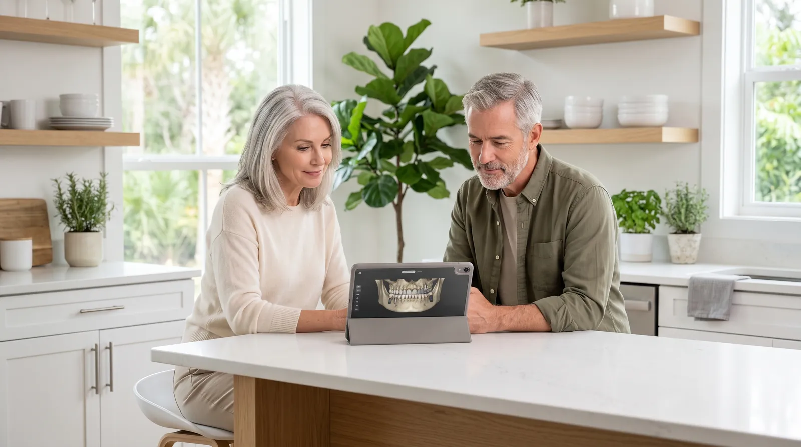 Couple reviewing a 3D dental scan on a tablet at home