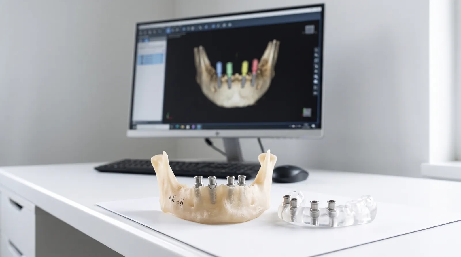 3D implant plan on screen beside a jaw model and surgical guide